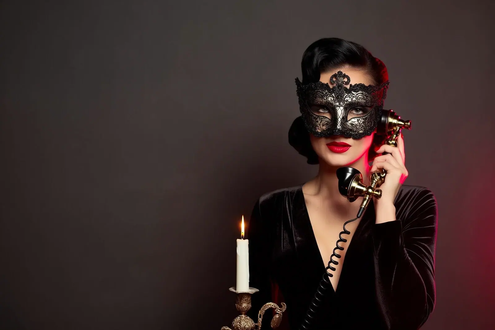 Domina-Rollenspiel: Frau mit schwarzer venezianischer Spitzenmaske hält im Kerzenlicht einen Telefonhörer