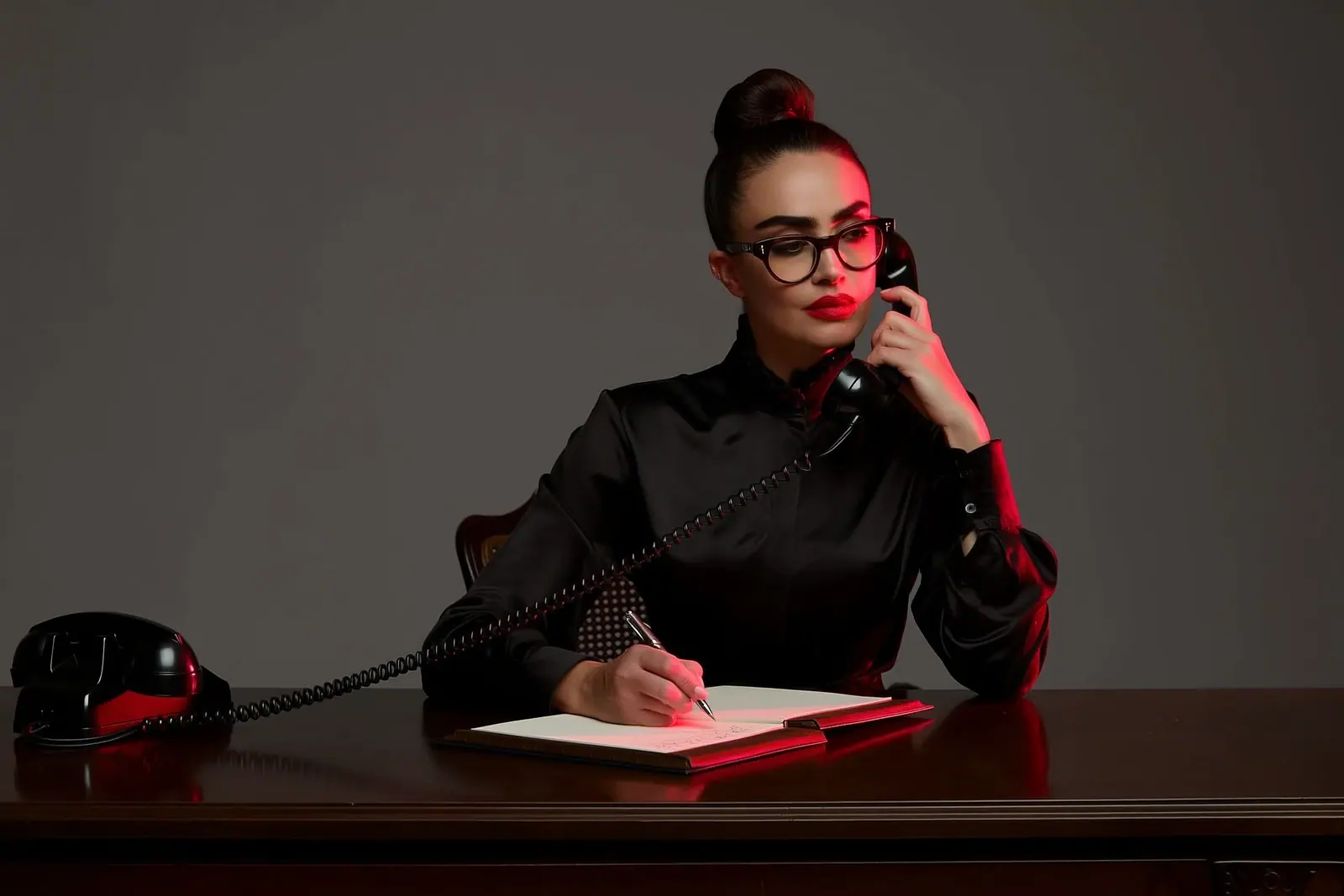 Domina Telefonerziehung: strenge Frau mit Dutt und Brille hält den Hörer mit der linken Hand am Ohr und schreibt mit